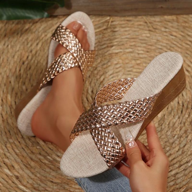 

Fashion Summer Slope Slippers for Women Fashion Round Head Shallow Mouth Cross Strap Anti-slip Wear-resistant Sandals 36 золотий