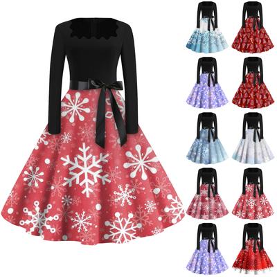 Women's Fashion Square Neck Casual Slim Christmas Printed Long Sleeve Dresses