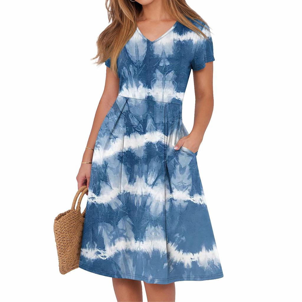 Kvinners sommer casual trykk V-hals kort ermet kjole med lommer