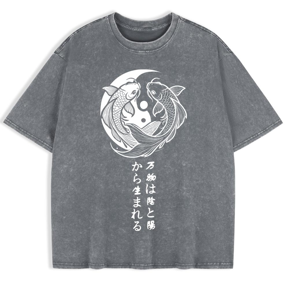 Japanese Koi Harajuku Printed Washed T-Shirts Mens Cotton Oversize T Shirt Summer O-Neck Short Sleeve Tops Clothes