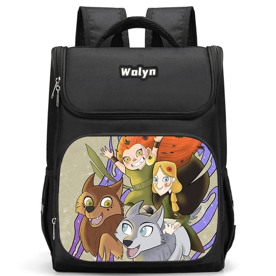 Multi Compartment School Backpack, Suitable for Boys Large Cartoon Wolfwalkers Backpack, Durable Children s Backpack for 6-10
