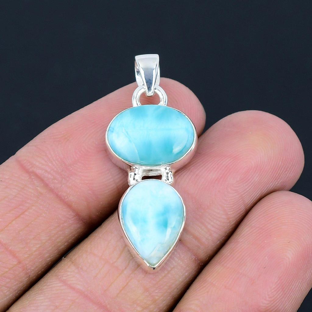 Natural Larimar Gemstone Pendant, 925 Sterling Silver, Handmade Two Gemstone Pendant Jewelry, Valentine's Day Gift For Her