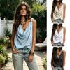 Women Vest V-Neck Sleeveless Loose Fit Camisole with Pleated Front Asymmetrical Collar Metallic Detail Ruffled Tank Tops