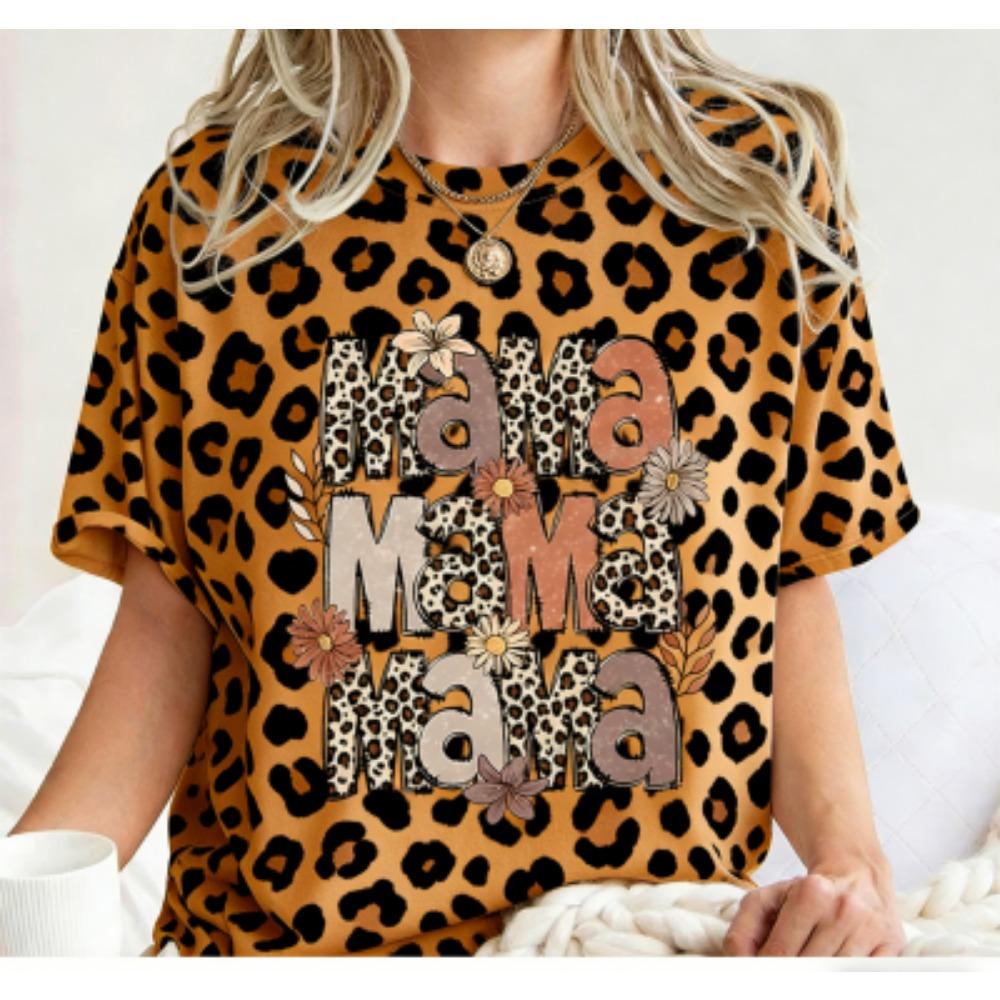 Funny Leopard Mama Colorful Print Women's Short Sleeves T-Shirt Loose Casual Summer Outdoor Street Women's Tees Tops