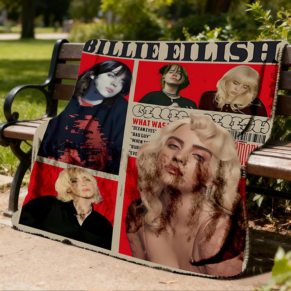 1pc Billie Eilish Outdoor Flannel Blanket, Cozy & Warm Soft Te Playful Design, Napping Camping,