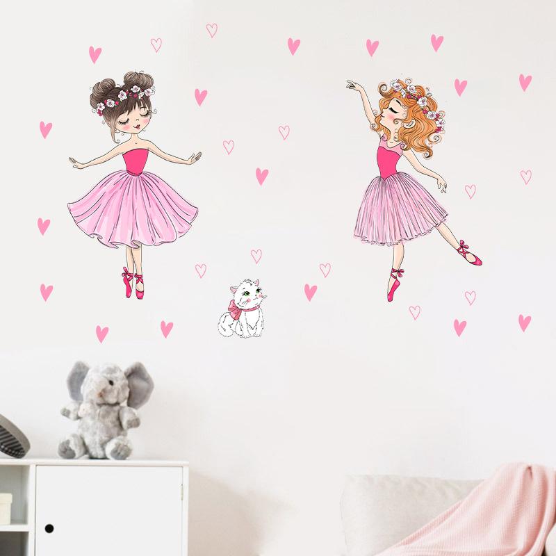 Cartoon Ballet Dancing Cat with Heart Stickers for Girls Room Wall Decor Kids Bedroom Nursery Removable Wall Art