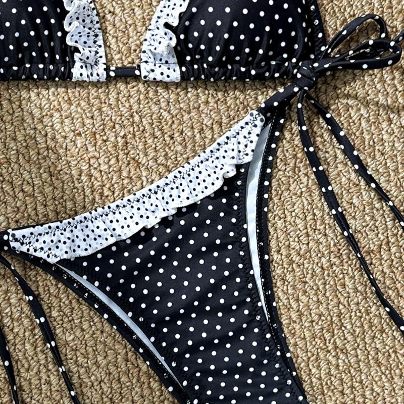 Bikini Swimsuit Women 2026 Cute Sexy with Tie Straps Small Chest Gathering Polka Dot Two-piece Triangle Swimsuit Vacation Spring