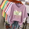Short-sleeved T-shirt for Women, Large Size, Loose and Slimming, Printed V-neck Top