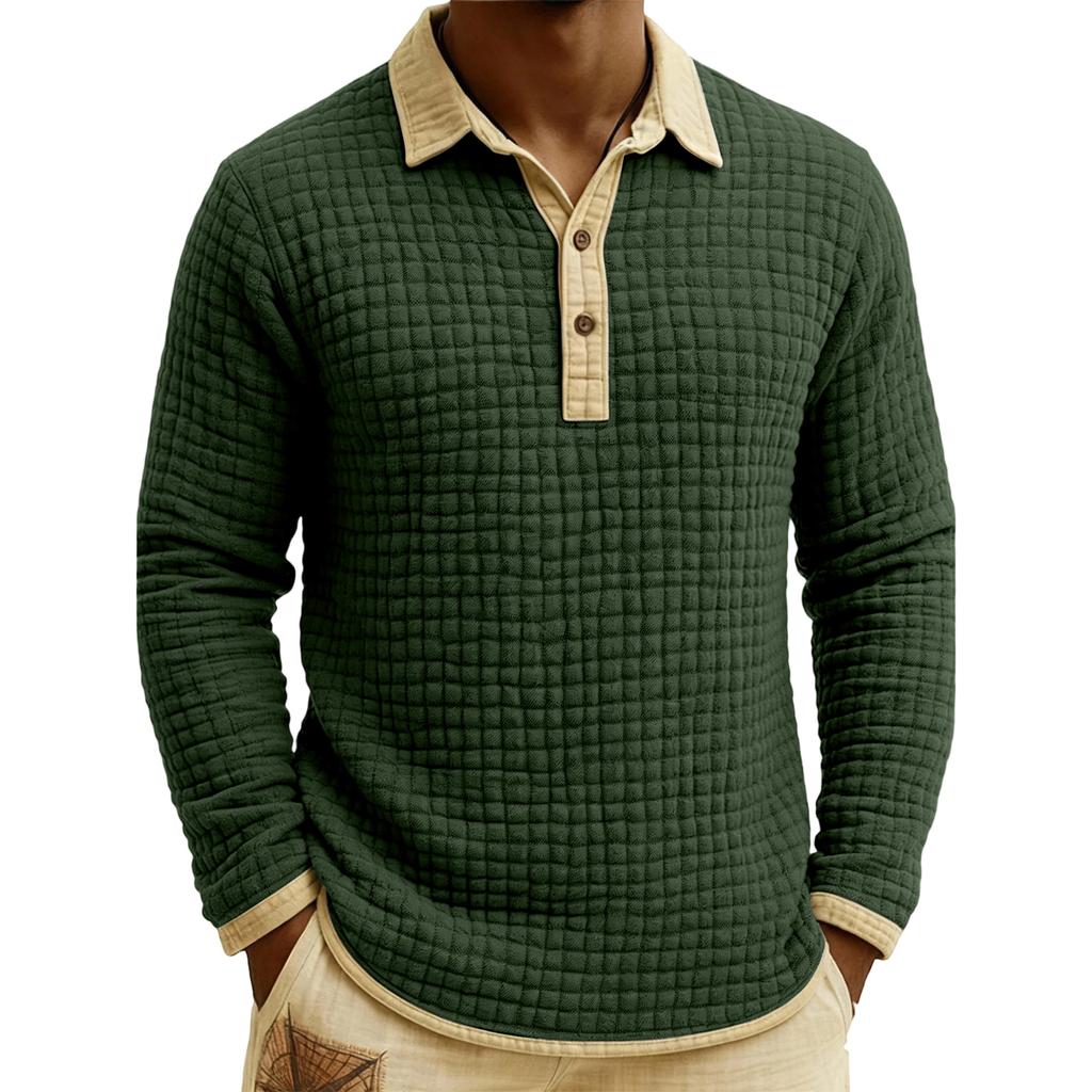 Men's Quilted Knit Color,blocked Pullover Button,down Top