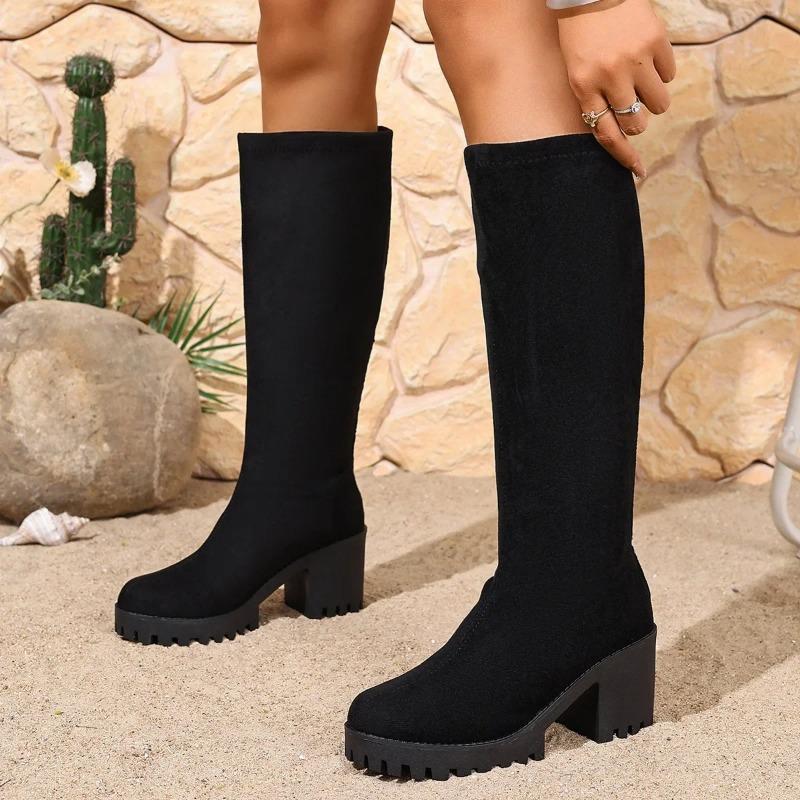 Winter Neue Runde Zehen Sexy und Bequeme Dicke Absatzstiefel Modische und Elegante Outdoor Kniehohe Ritterstiefel in Großer Größe