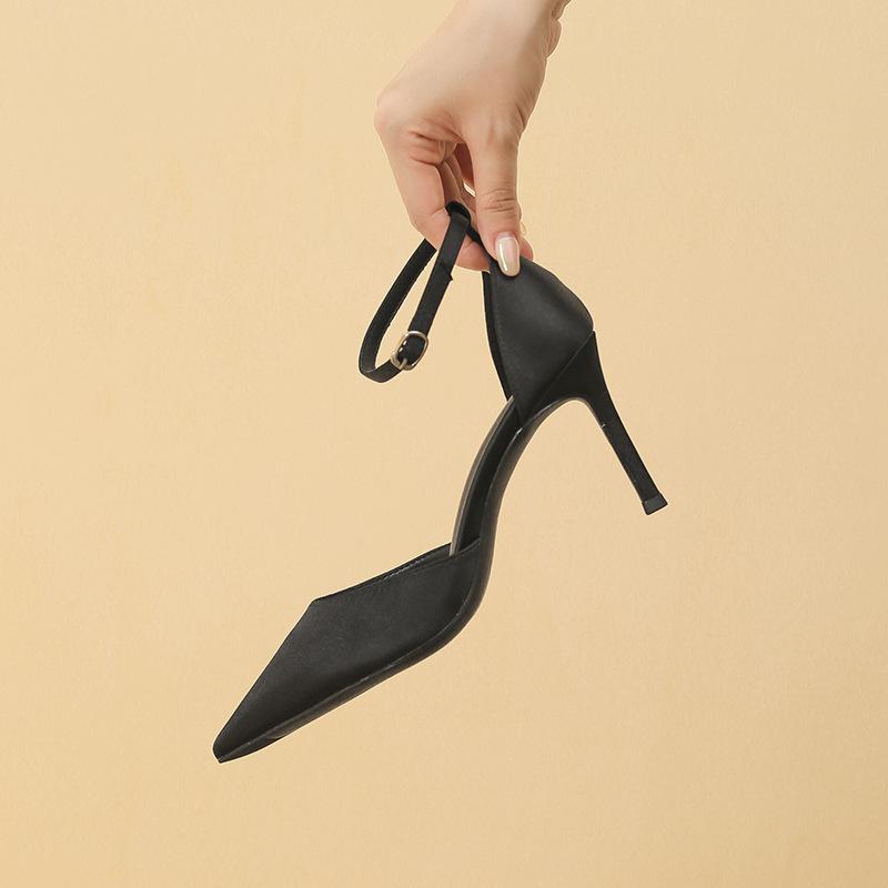 Women's Vulcanized Shoes Black French Hollow Out Thin Heel Pointed Toe Single Strap High Heels for Girls