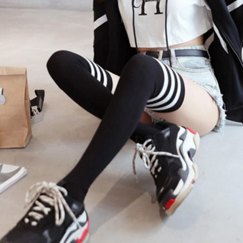 3-line long over-the-knee socks, knee socks, fashion socks, long socks black