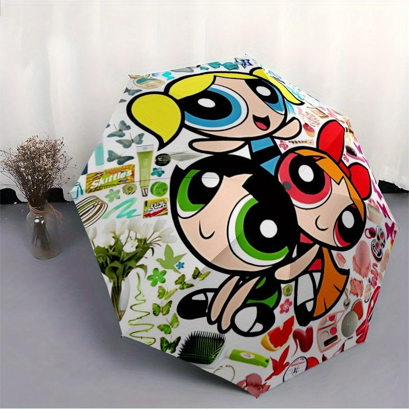 1pc Powerpuff Girls Automatic Folding Umbrella, Portable Collapsible Design, 8-Rib Iron Frame, , All-Season Casual Outdoor Accessory for Christmas Bir