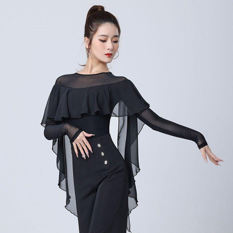 Women's Mesh Splice Ruffle Top Dance Bodysuit for Ballroom & Waltz