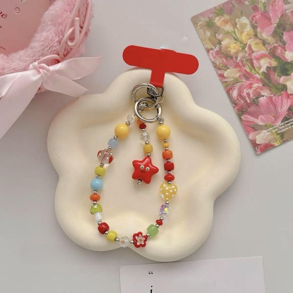 Pvc Star Face Emoji Phone Strap With Pink Heart Pendant For Girls And Teens