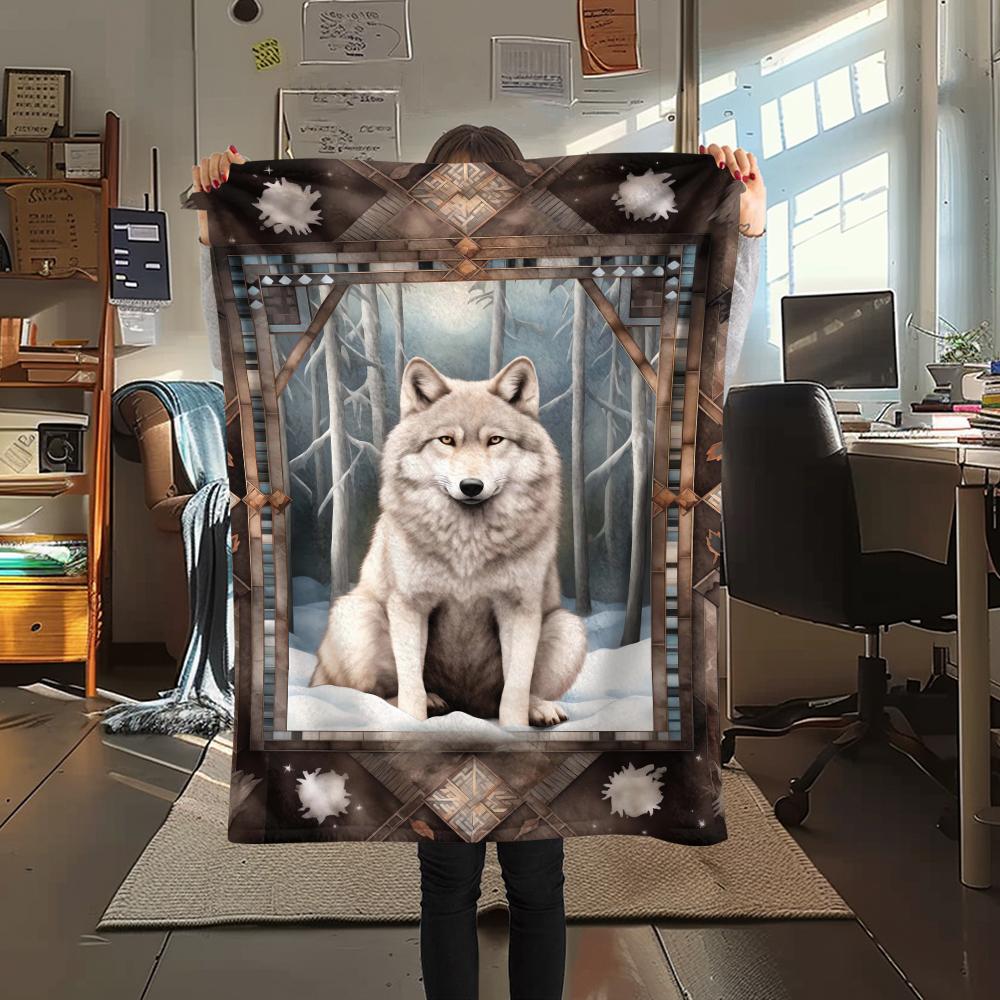1Pc Natvie Wolf Print Flannel Blanket, High quality Comfortable for All Seasons, Home Decor, Warmth and Comfort, Perfect for Christmas Gifts