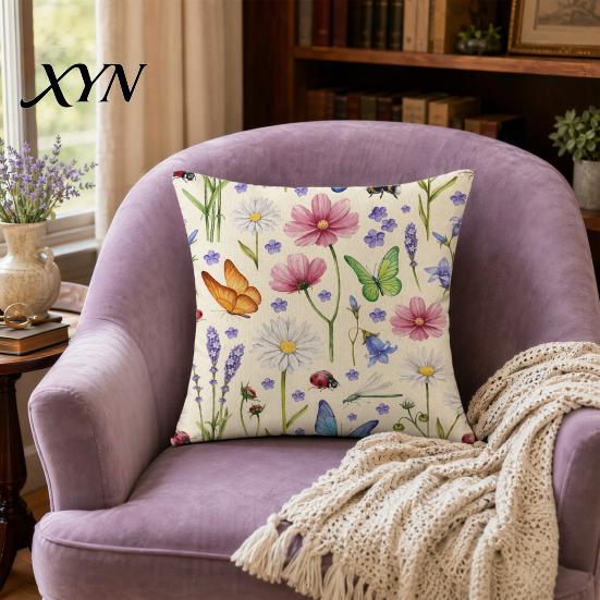 Soft Fabric Cushion Case Floral Cover, 18x18 Inch Decorative Throw Pillow Cover with Hidden Zipper, Elegant Color Plant Insect Flower Patterns,