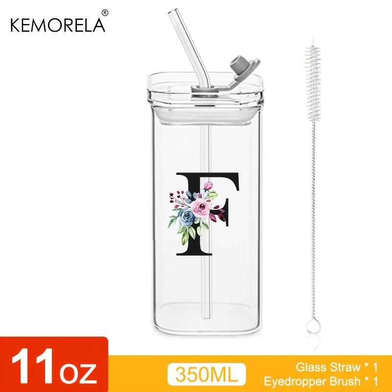 1 STÜCK 24 Buchstabenförmige Glastrinkbecher mit Deckel und Strohhalm Kaffeebecher 300ML Klarer quadratischer Trinkbecher für Kaffee Bier Milch