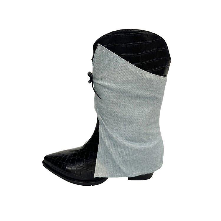 

Pointed short trouser boots women s 2025 autumn and winter new bow thick heel stacking boots British style large size Martin boots 42 синий