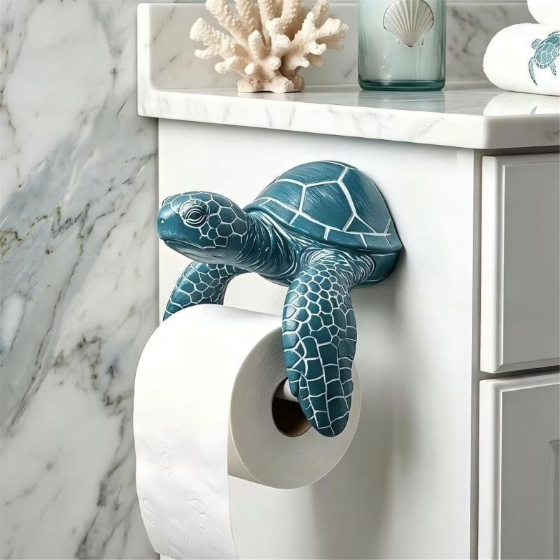 Bathroom Wall Tissue Rack In Resin for One Roll, Toilet Paper Holder with Coastal Figure Accent and Space Saving Placement for Daily Bathroom Use