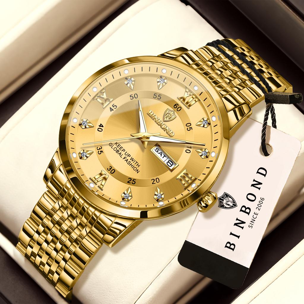 BINBOND Precise Luxury Quartz Wristwatches For Men Luminous Waterproof Week Display Men's Watch Stainless Steel Reloj Free Ship