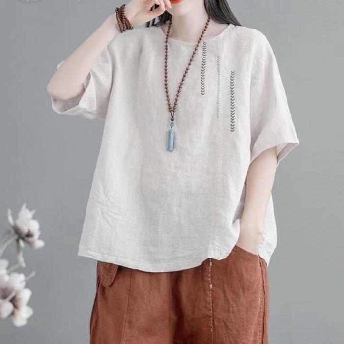 Summer Cotton Linen Short Sleeve Vintage T-shirts Women's Embroidered Loose Slimming Round Neck Retro Oversized Tops