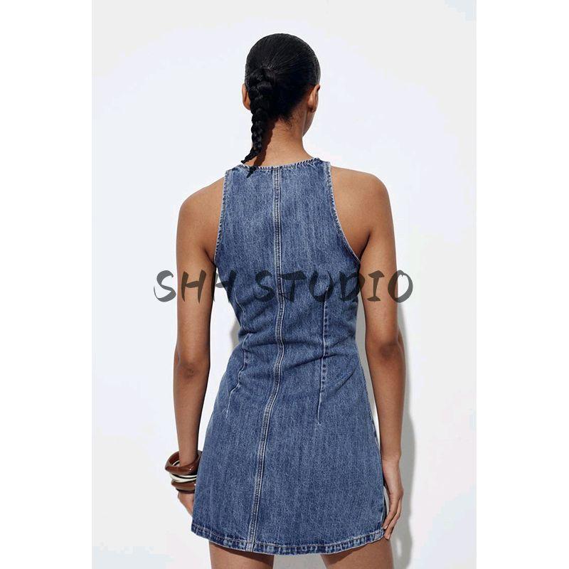 Summer New Product Women's Clothes Minimalist Style Metal Button Decoration Denim round Neck Short Sleeveless Dress 6147092