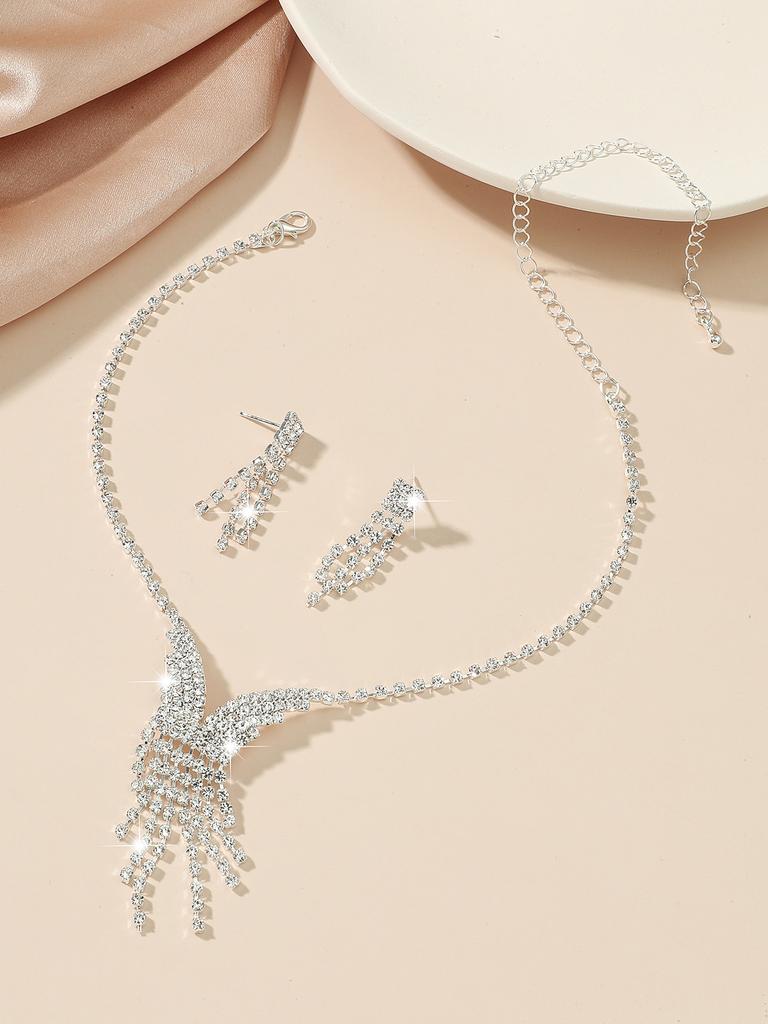 Fashion Rhinestone Love Necklace Earrings Set, Shiny Bridal Necklace Earrings