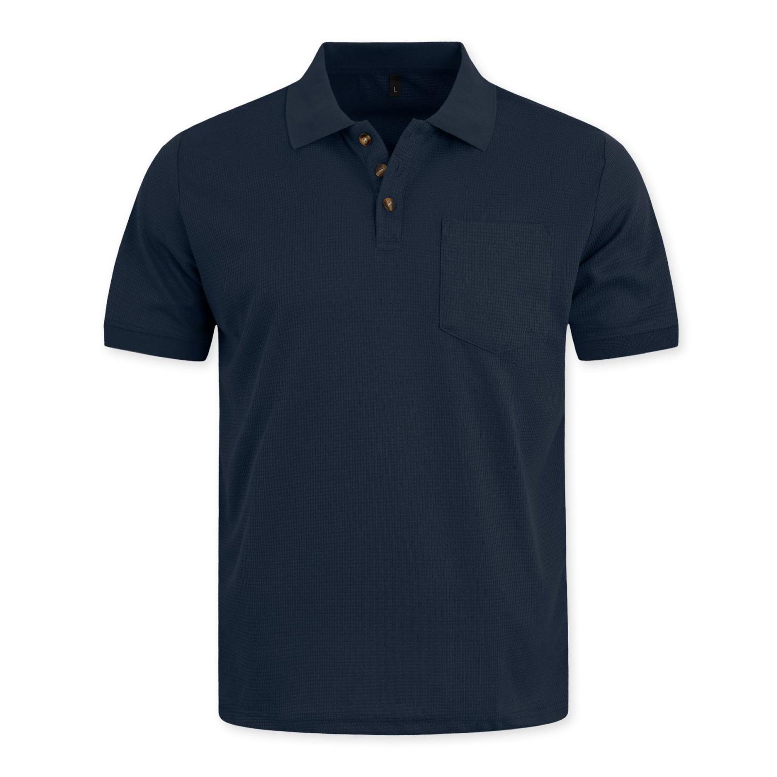 

Men Short Sleeve Polo Shirt Classic Fit Soft Cotton Fabric Three Button Placket Chest Pocket Collared Top L Темно-синій