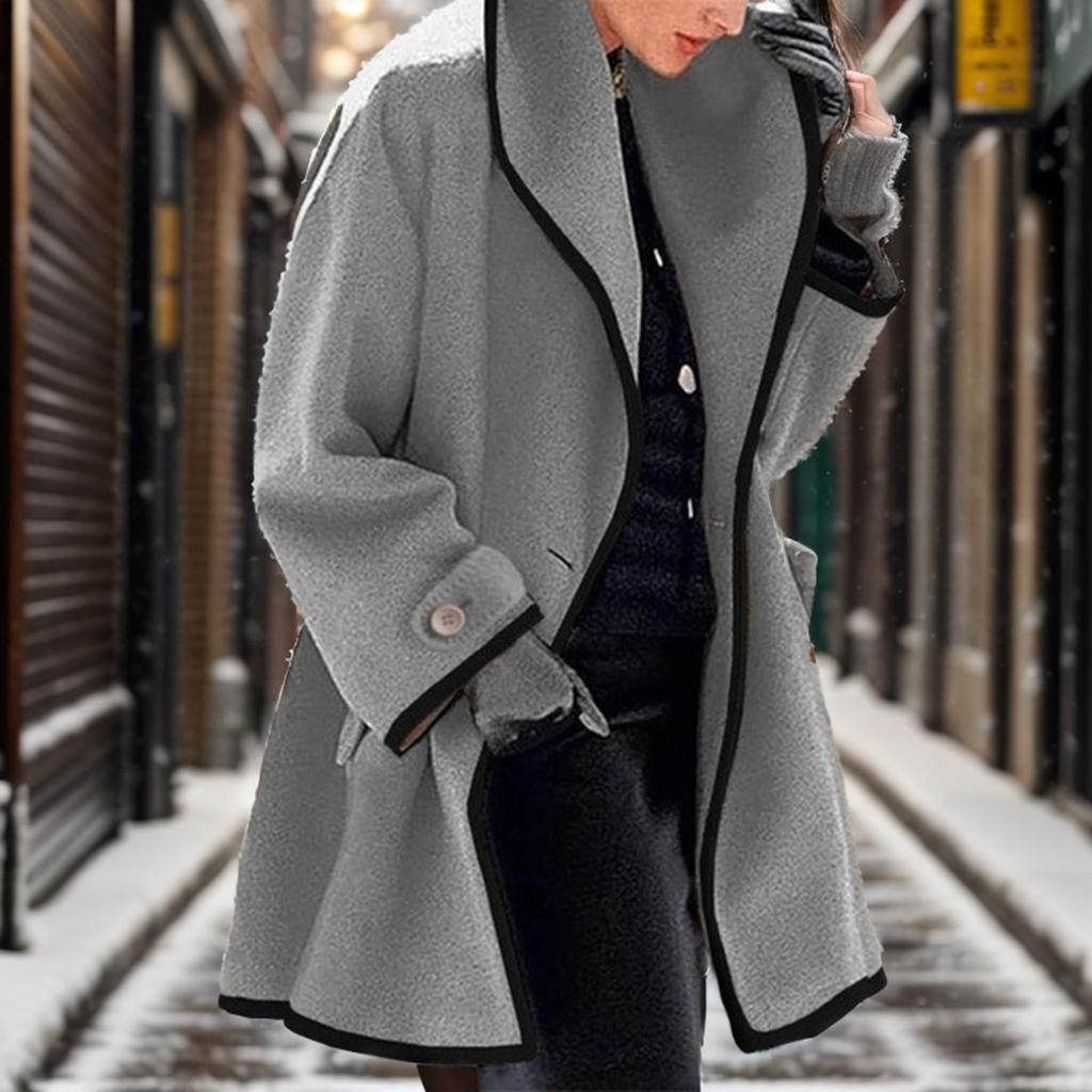 Stylish Fall and Winter Multi-color Crew Neck Loose Hooded Woolen Coat Color Matching Hemming Women's Coat