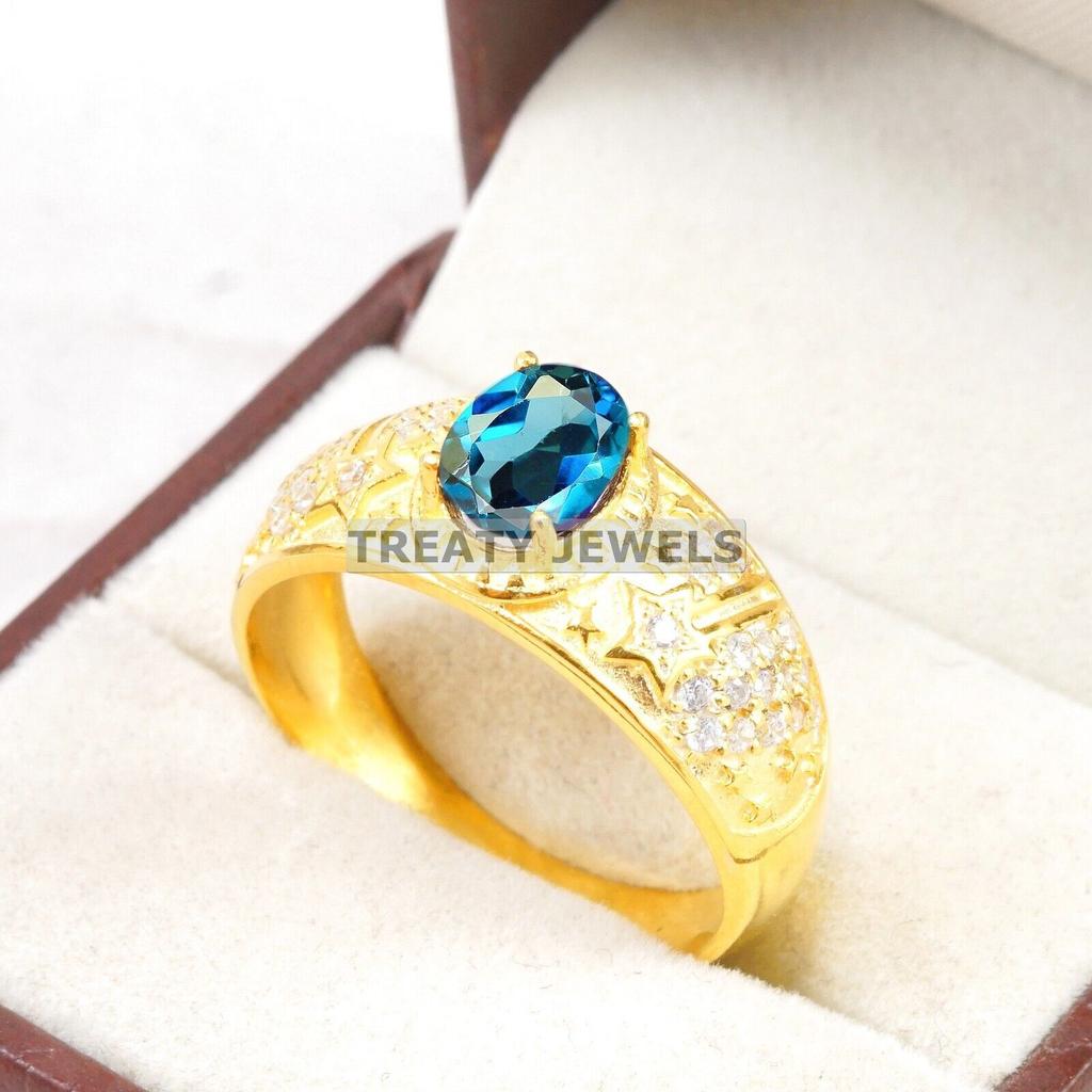 London Blue Topaz Oval With 925 Silver Sterling Gold Plated Ring For Men's #B245 JL375676048112