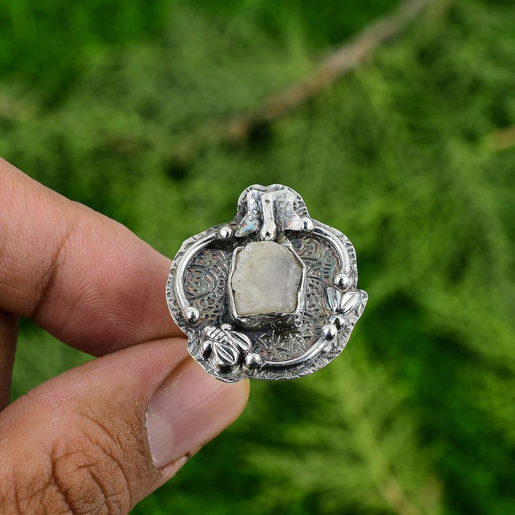 Rainbow Moonstone Rough Gemstone Statement Handcrafted Ring 925 Sterling Silver