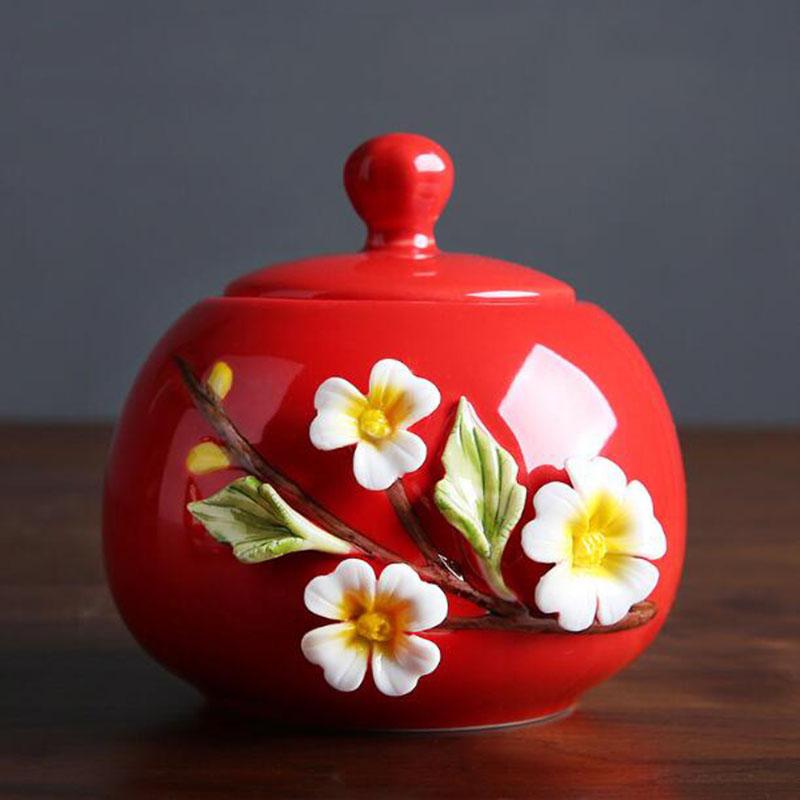 Handmade Ceramic Relief Flower Pattern Tea Caddy Sealed Storage Tea Canister Living Room Coffee Storage Jar Kitchen Teaware