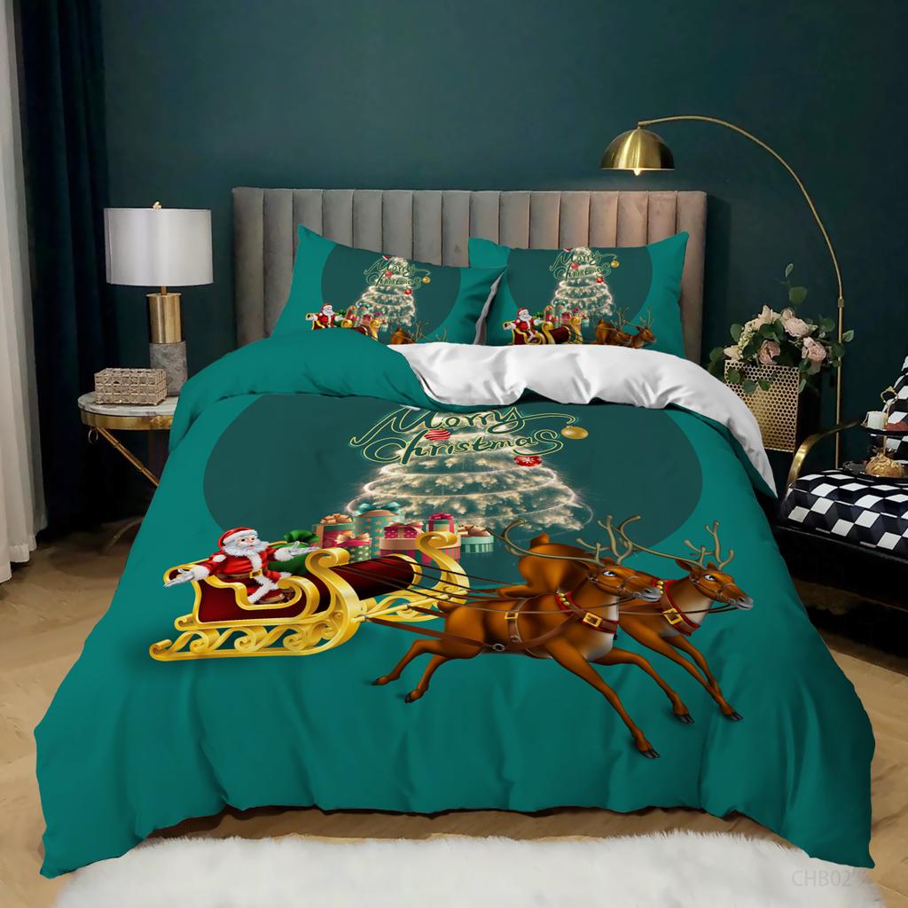 Christmas Duvet Cover Cartoon Merry Chirstmas Santa Claus Elk Quilt Cover Green for Children Adults Holiday Gifts Bedroom Decor