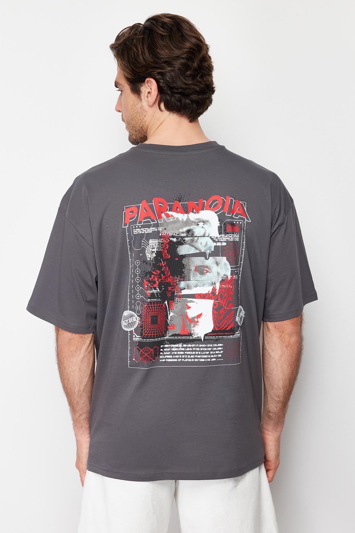 

Мужская модная новая футболка антрацитового размера, широкий крой, футболка из 100% хлопка с принтом на спине M