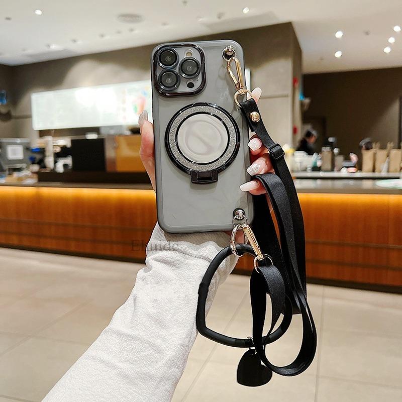 Mirror Stand Silk Strap Case For OPPO Realme 14 Pro Plus Reno 13F 13 12 12F 11 C63 C61 Clear Crossbody Neck Lanyard Soft Cover
