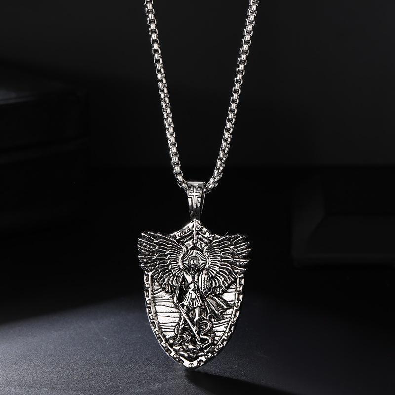 Saint Michael Men s Hip Hop Angel Pendant Necklace - Titanium Steel, Retro Shield Design