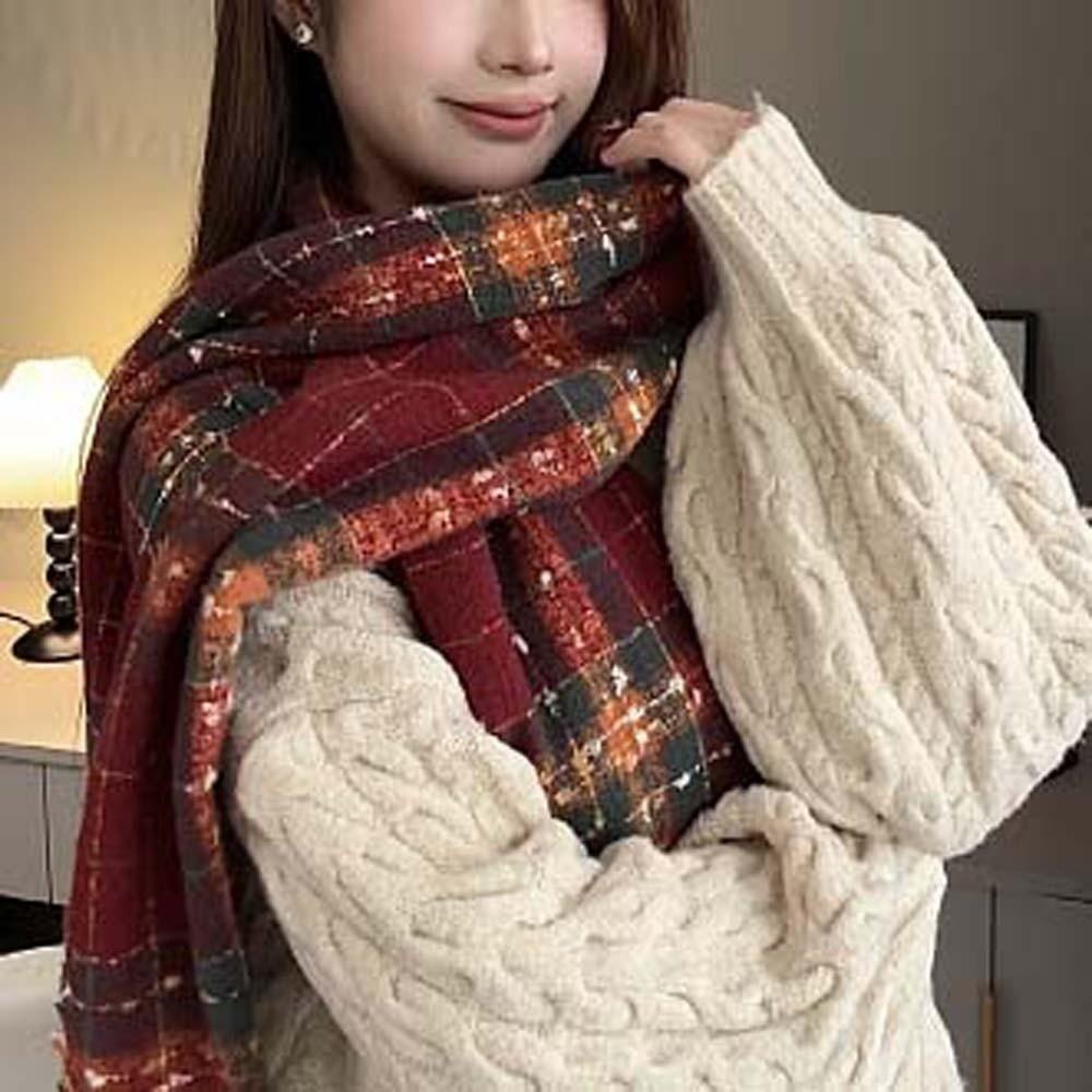 Classic Plaid Knitted Scarf Soft Women Thickened Scarf Gifts Long Tassel Neckscarf  Outdoor
