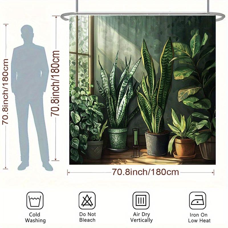 Serene Nature-Inspired Shower Curtain - Potted Plants & Sunlight Design, Polyester, 12 Hooks, Easy Care, Modern Bathroom Decor
