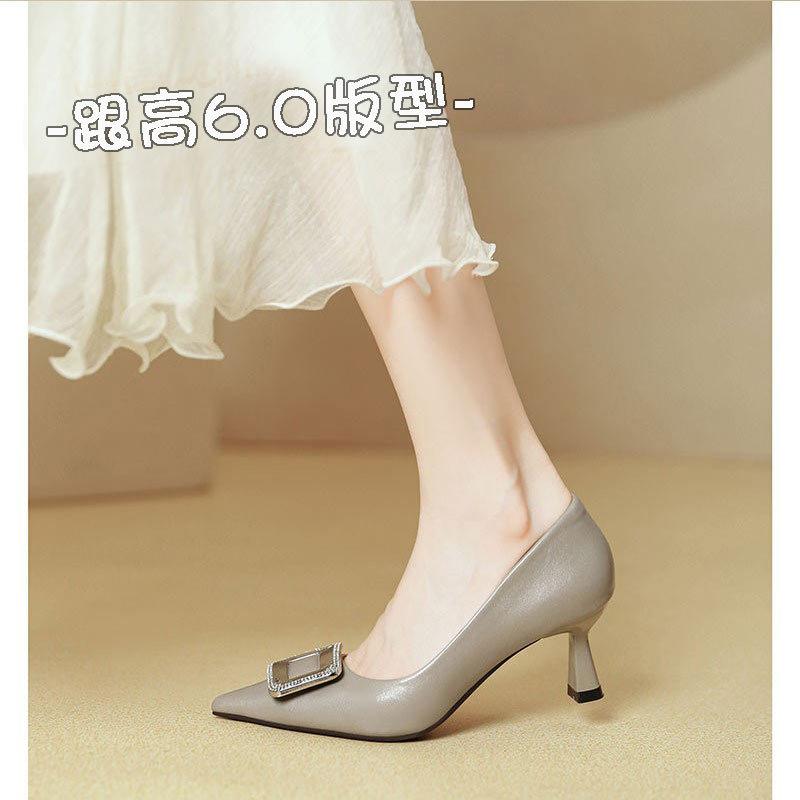 Black Temperament Pointed High Heels Women's Thin Heels 2025 New Spring and Autumn Women's Shoes Rhinestone Square Buckle French Light Mouth Single S