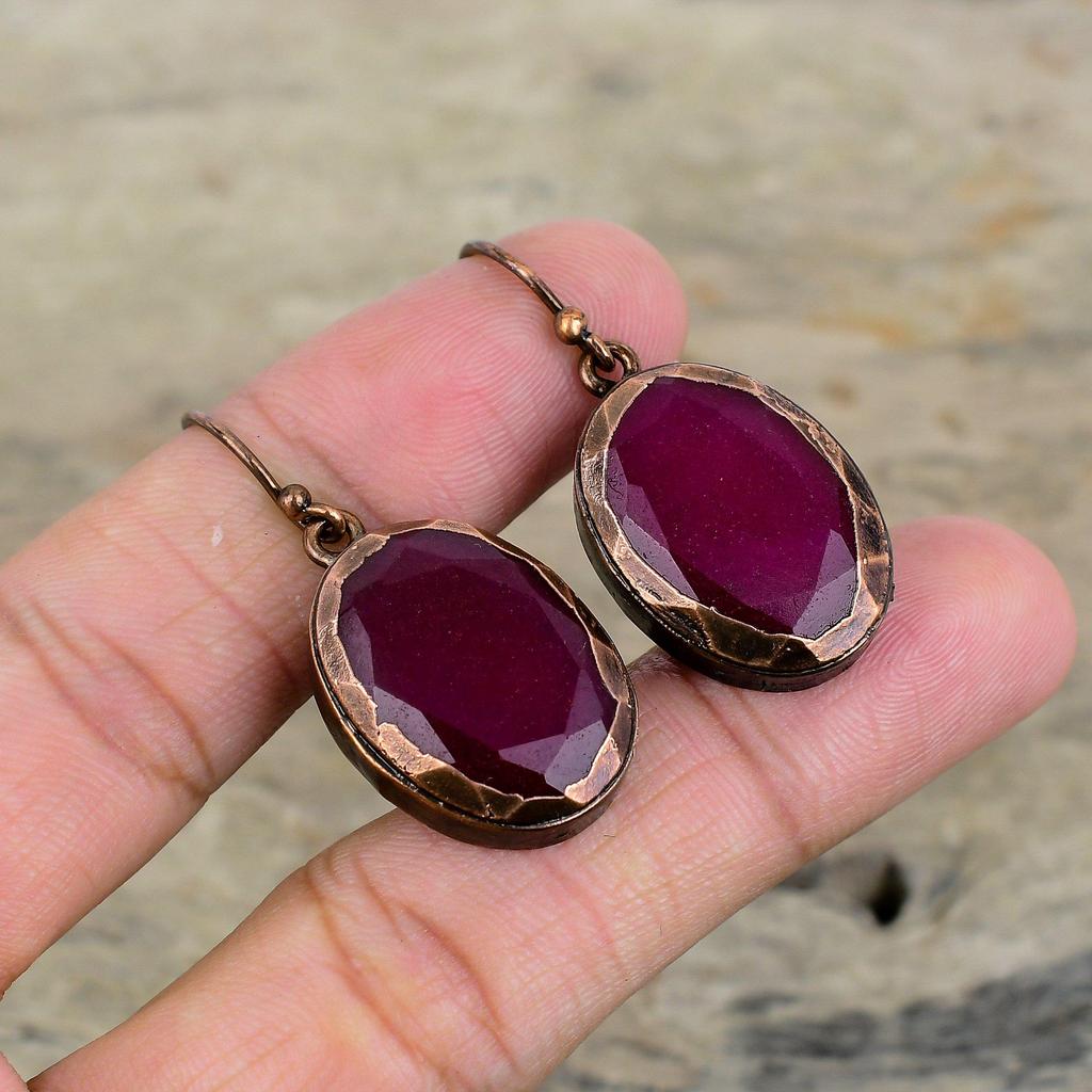 Facettierter Kaschmir-Rubin Ohrring Elektrogeformte Kupferohrringe Damenohrring Edelstein Kupferschmuck Handgefertigt Einzigartiger Stil Ohrring Geschenke für Sie