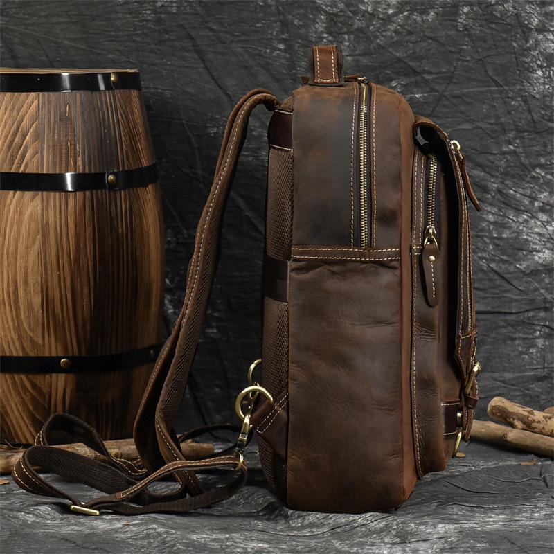 Men'S Genuine Leather Backpack Crazy Horse Leather Retro Flip Backpack First Layer Cowhide Student Schoolbag Going Out Travel Bag