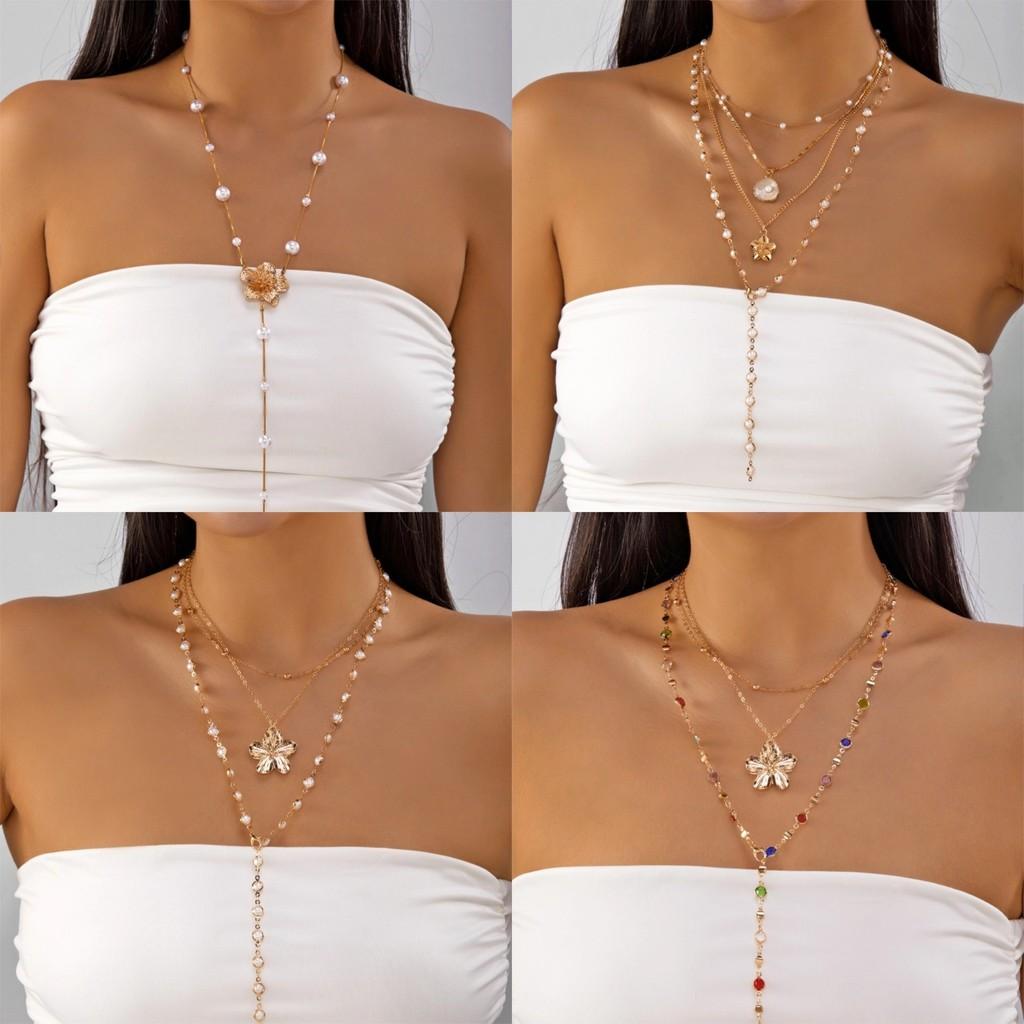 Fashion Flower Pendant Necklace For Women With Pearl Multilayer Chain Jewelry Gift For Teens