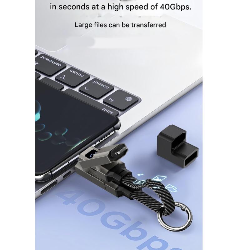 Multifunctional Keychain Charging Cord with Digital Display Zinc Alloy Construction 40Gbps Data Cable for Travel Use