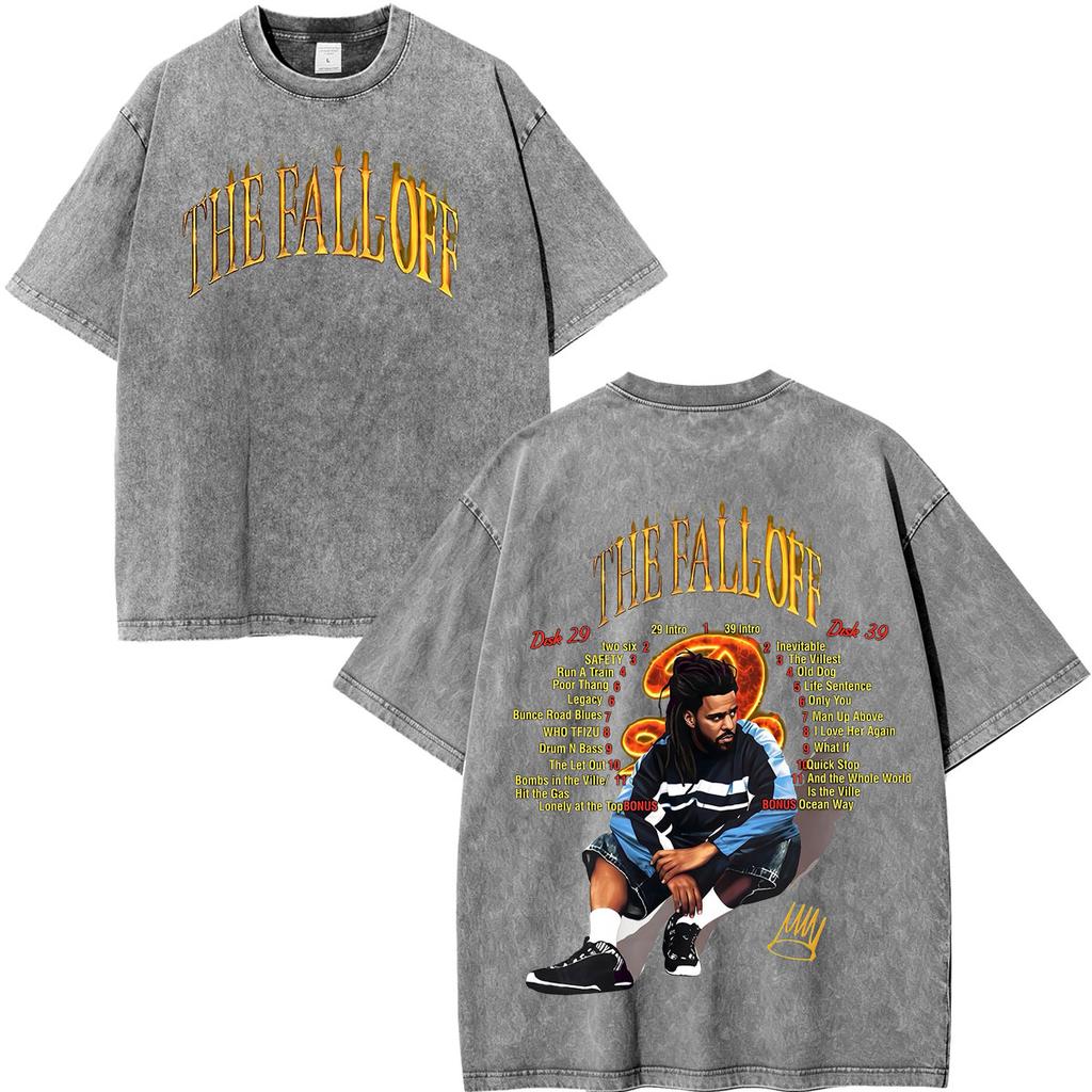 Vintage Washed Jcole The Fall Off Print T Shirts Unisex Unisex Clothing Hip Hop Fashion Short Sleeve Oversized Tshirts Streetwear