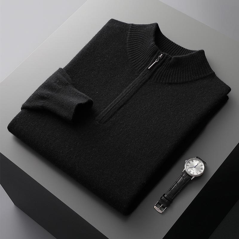 Men's 100% Pure Wool Half-Zip Sweater - Thickened Knit Base Layer for Autumn and Winter