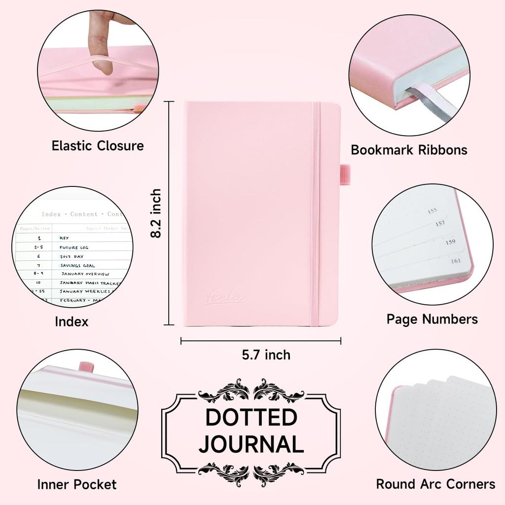 Feela Bullet Journal Synthetic A5 Dot Pen Included Notebook, Leather, Size, Graph, (Pink)