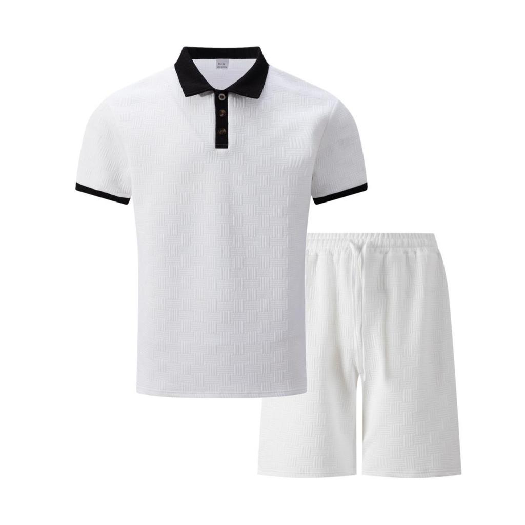 Men's Spring Jacquard Lapel Polo Shirt & Color Block Short Pants Set - Mature Casual Style