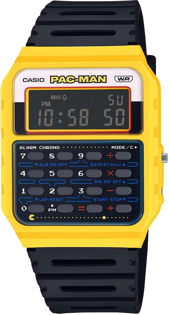 Casio Digital Watch with Collaboration Model Biomass Resin Yellow X Overseas Model 8-Digit Calculator, PAC-MAN CA-53WPC-1B, Band, Unisex, Black,