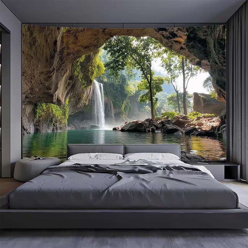 

2D Natural Arch Waterfall Tapestry Forest Lake Backdrop Cloth for Living Room 47.2x31.5inch/120*80cm